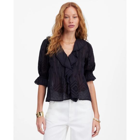 Madewell Tops - Madewell Ruffled Puff-Sleeve Top WMNS M Black Pintuck Lace-Trim V-Neck Button Up